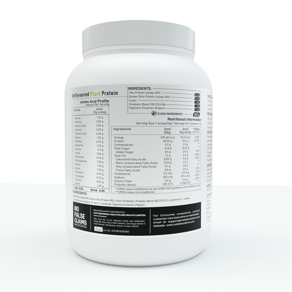 Unflavoured Plant Protein Powder 1kg – 25g Clean Vegan Protein with Prebiotics & Natural Enzymes