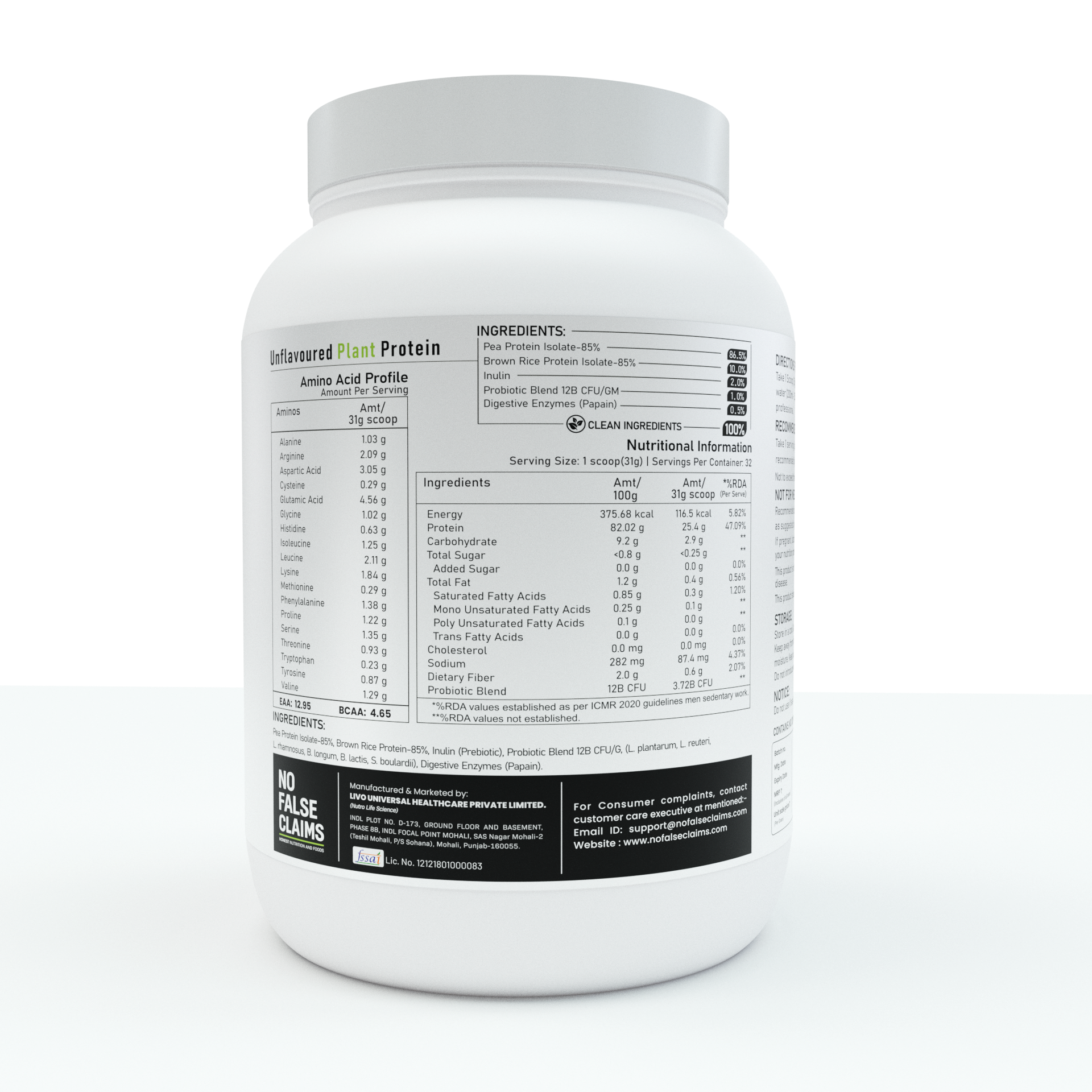 Unflavoured Plant Protein Powder 1kg – 25g Clean Vegan Protein with Prebiotics & Natural Enzymes