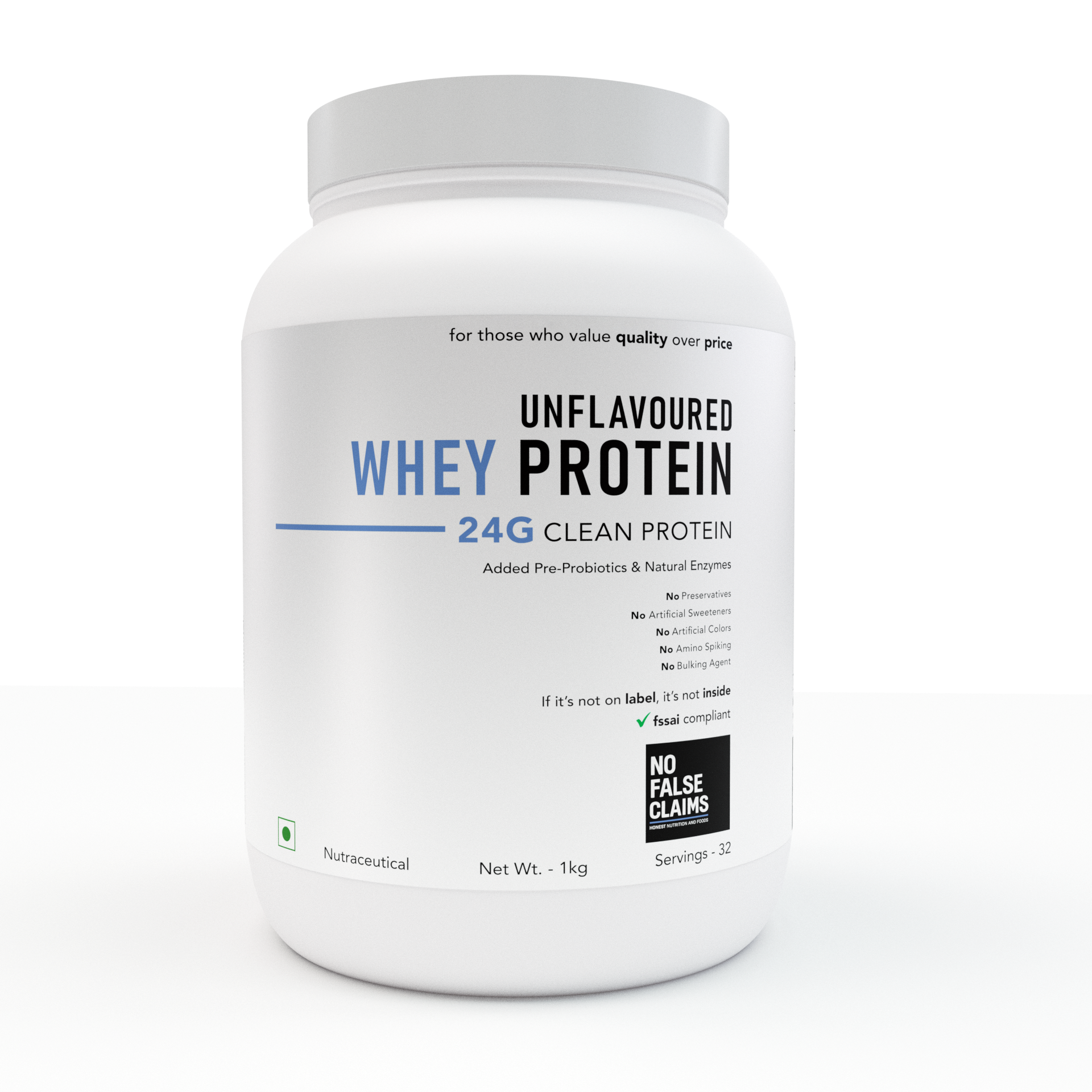 No False Claims Whey Protein Concentrate | Unflavoured | 24g Protein Per Serving | Third-Party Lab Tested | No Artificial Additives | 1kg / 33 Servings
