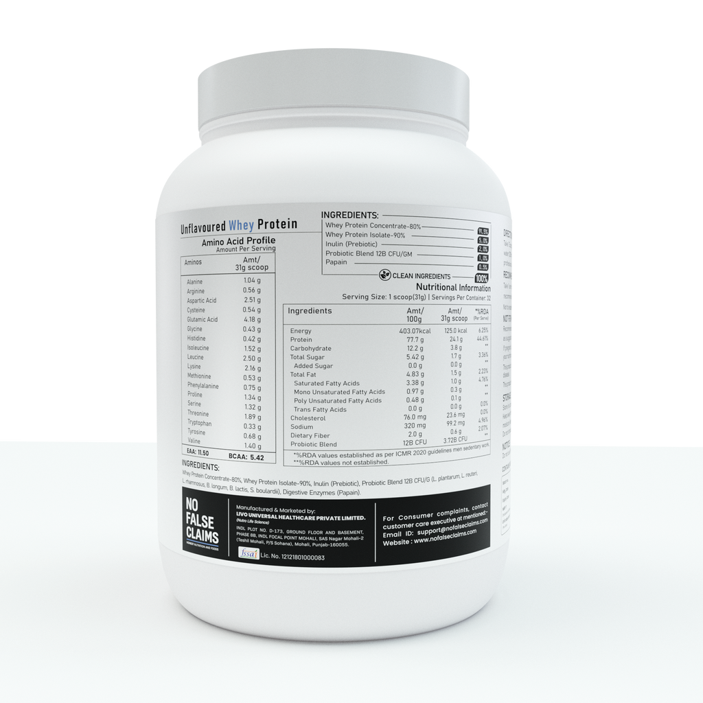 No False Claims Whey Protein Concentrate | Unflavoured | 24g Protein Per Serving | Third-Party Lab Tested | No Artificial Additives | 1kg / 33 Servings